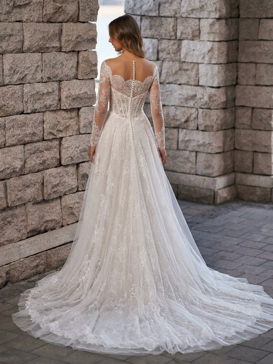 A-line/Princess Illusion Long Sleeves Ruffles Chapel Train Tulle Corset Wedding Dress