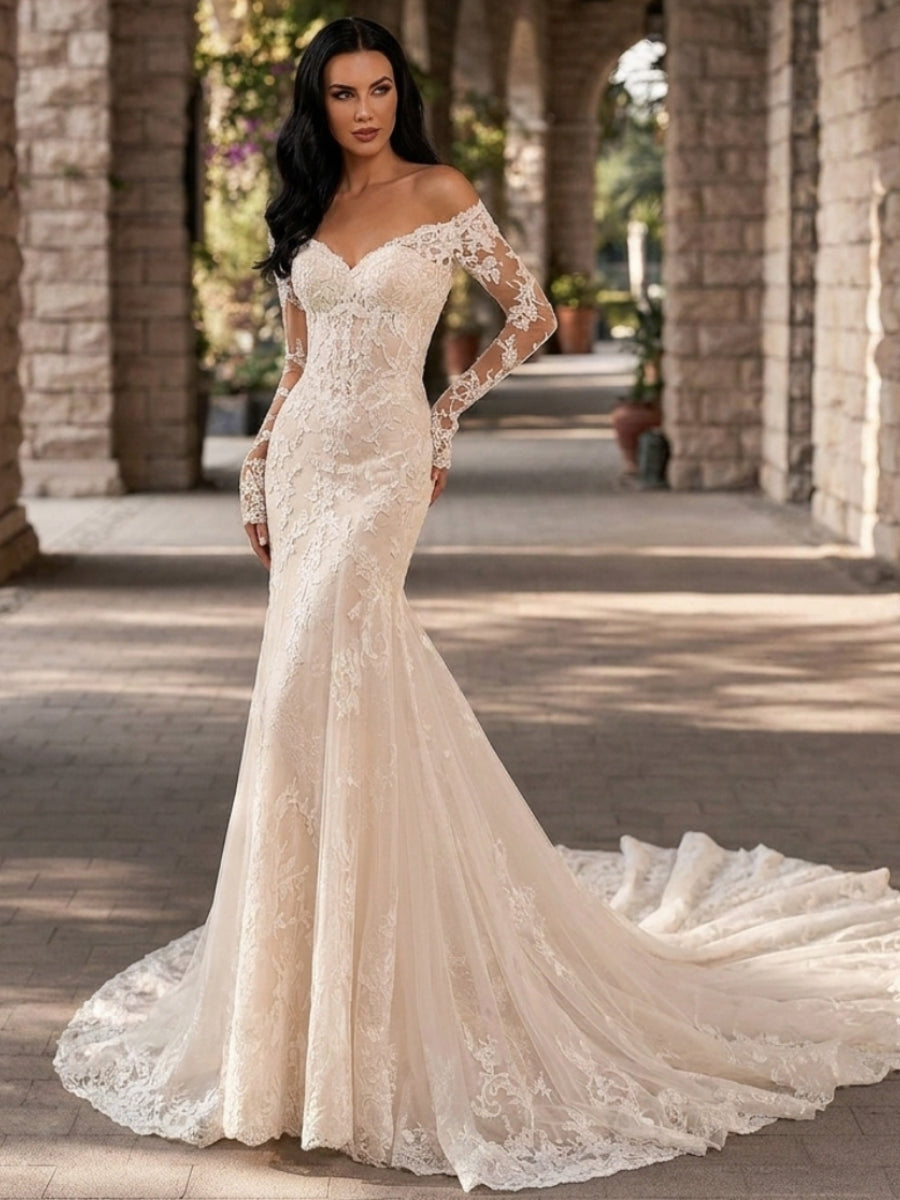 Sheath/Column Off-the-Shoulder Long Sleeves Appliques Lace Chapel Train Tulle Corset Wedding Dress