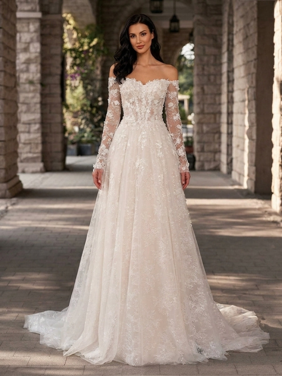 A-line/Princess Off-the-Shoulder Long Sleeves Appliques Lace Court Train Tulle Corset Wedding Dress