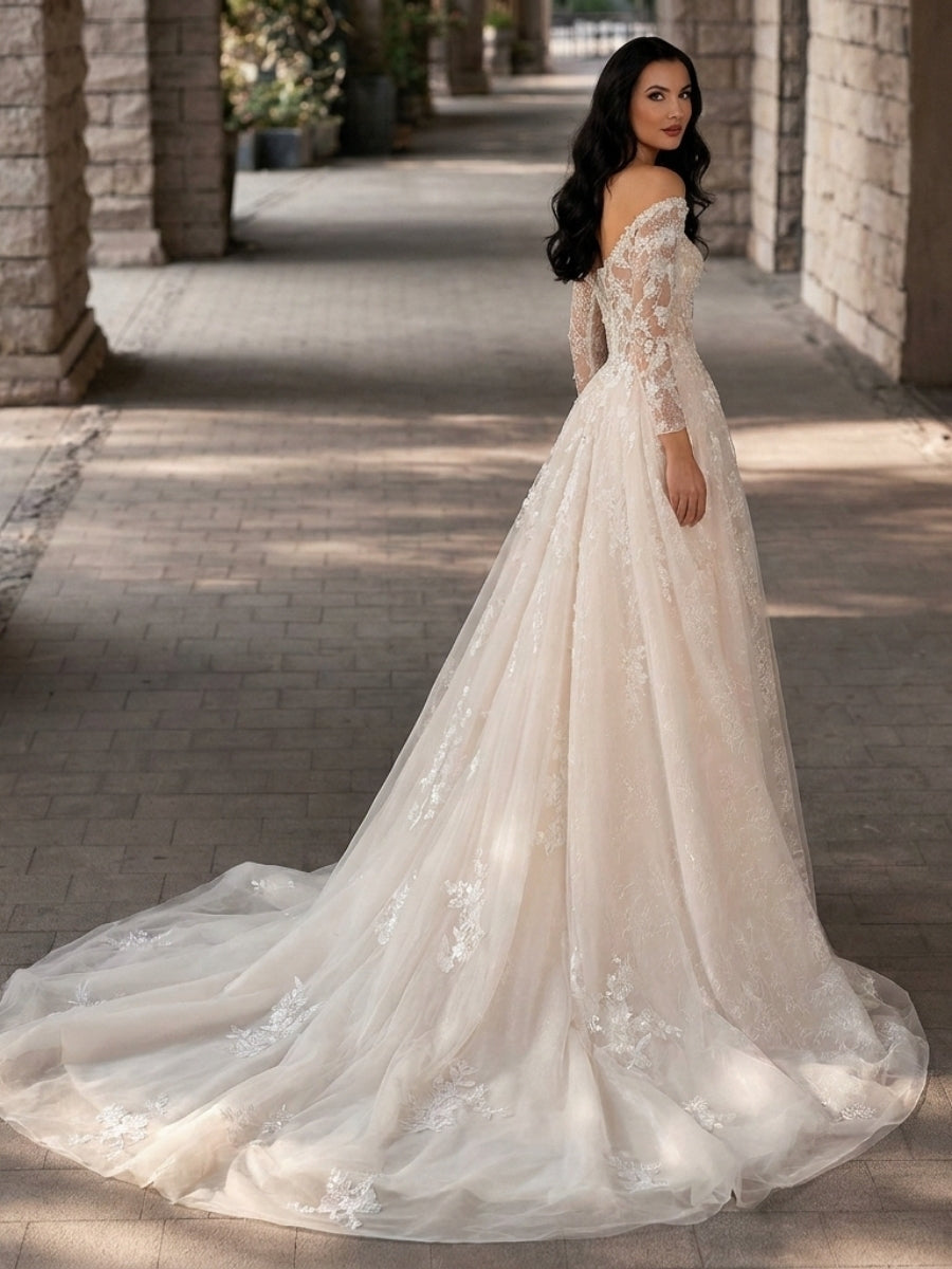 A-line/Princess Off-the-Shoulder Long Sleeves Appliques Lace Court Train Tulle Corset Wedding Dress