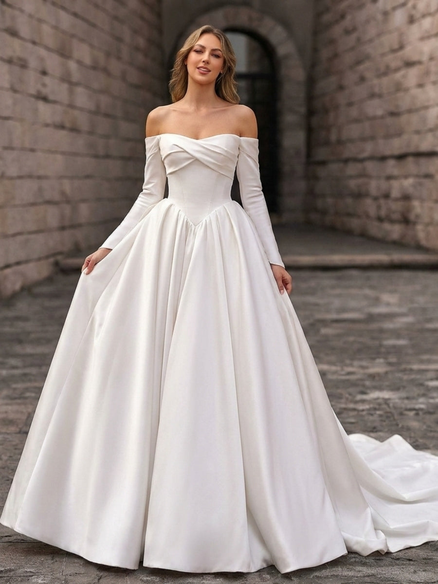 A-line/Princess Off-the-Shoulder Long Sleeves Ruffles Court Train Satin Corset Wedding Dress