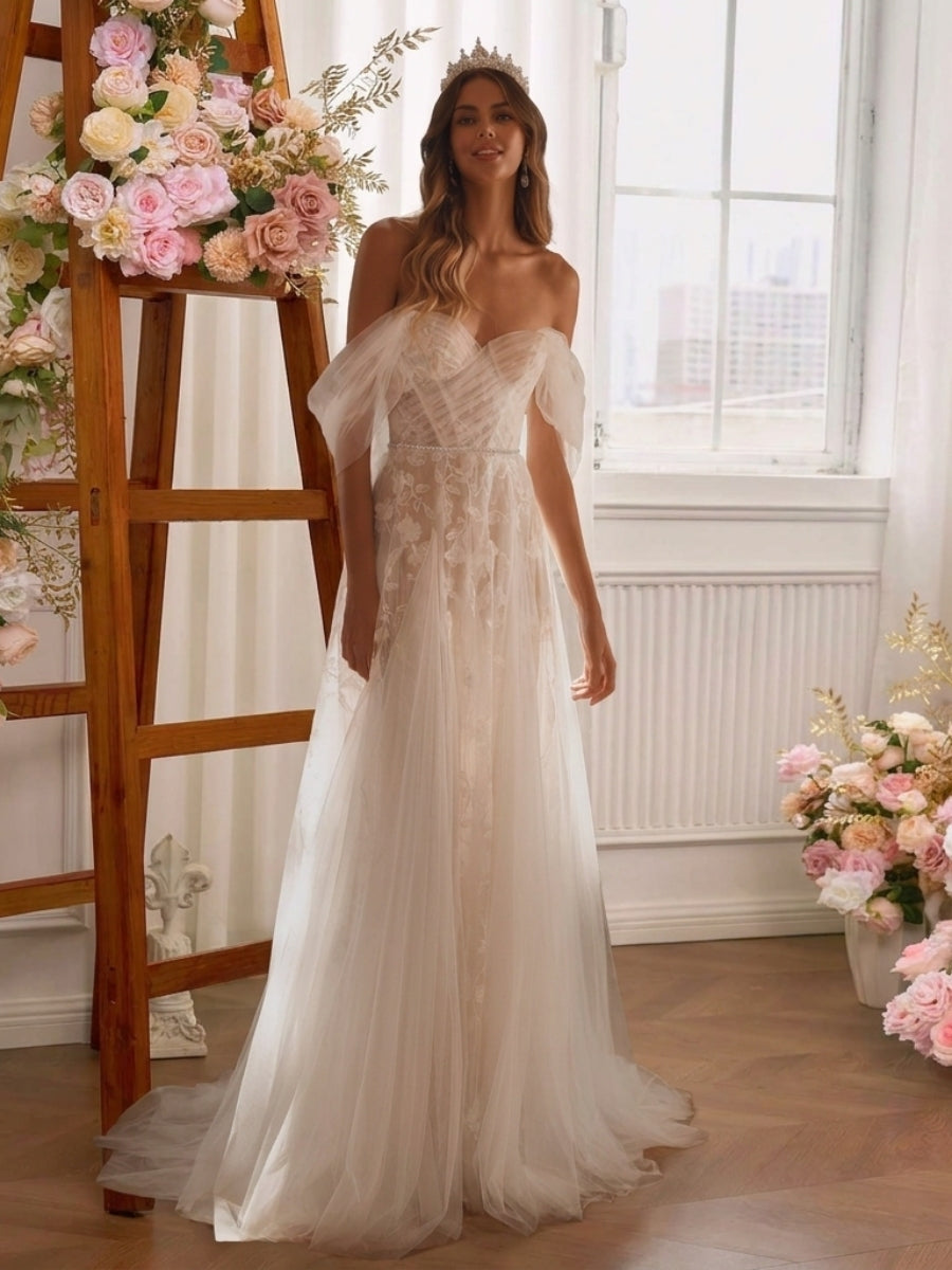 A-line/Princess Off-the-Shoulder Ruffles Sweep Train Tulle Corset Wedding Dress