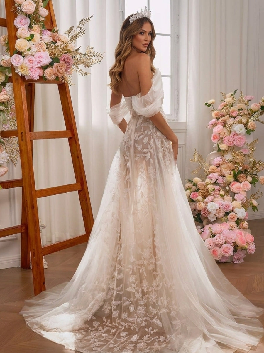 A-line/Princess Off-the-Shoulder Ruffles Sweep Train Tulle Corset Wedding Dress