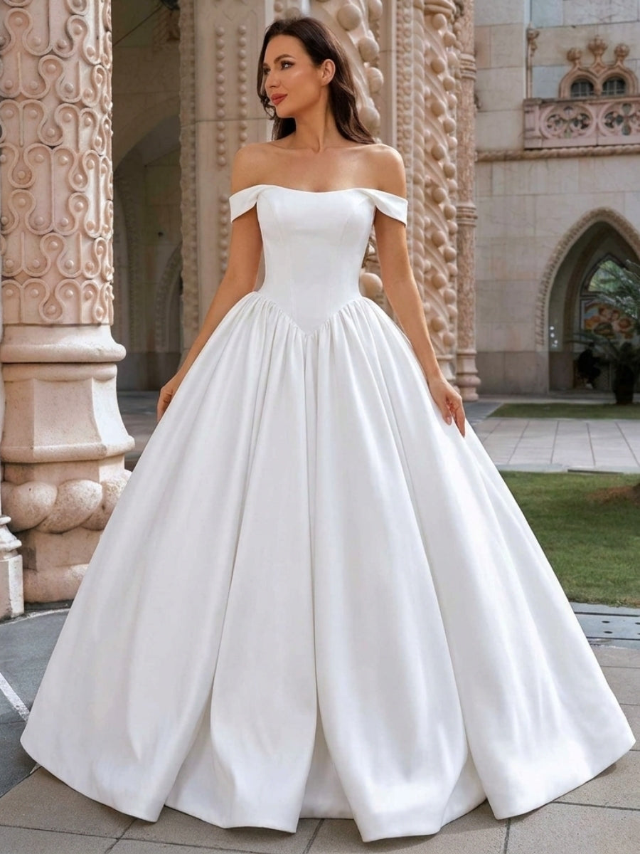 A-line/Princess Off-the-Shoulder Ruffles Court Train Satin Corset Wedding Dress