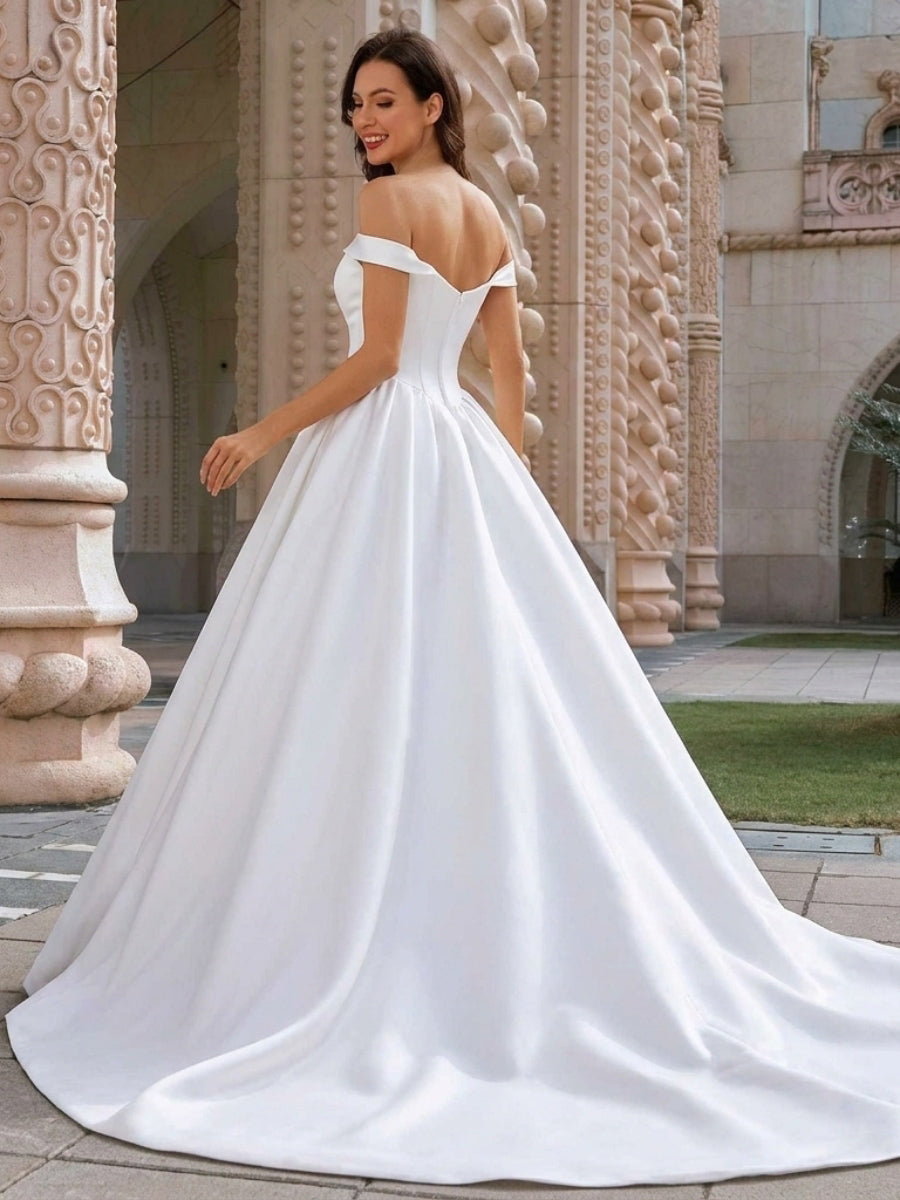 A-line/Princess Off-the-Shoulder Ruffles Court Train Satin Corset Wedding Dress