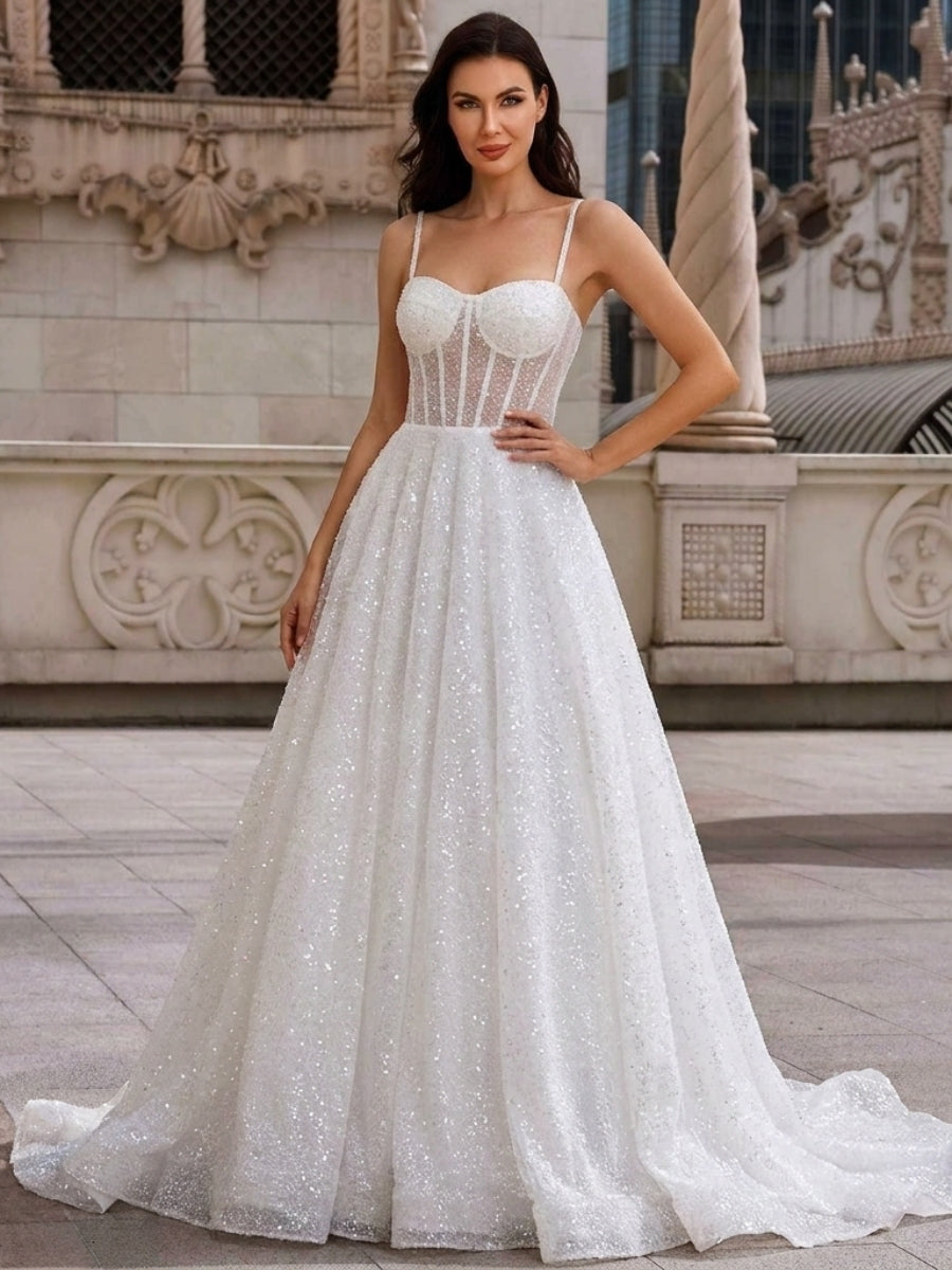 A-line/Princess Sweetheart Ruffles Court Train Sequins Corset Wedding Dress