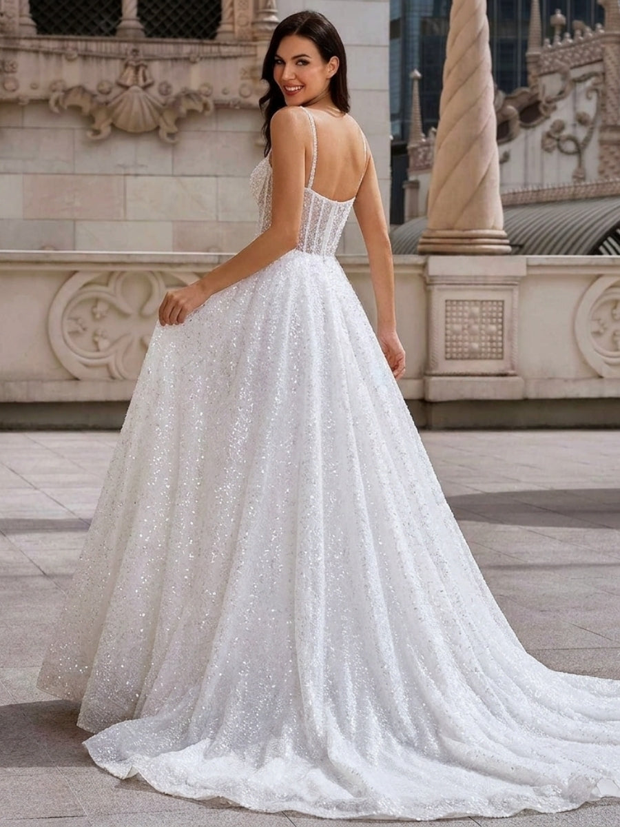 A-line/Princess Sweetheart Ruffles Court Train Sequins Corset Wedding Dress