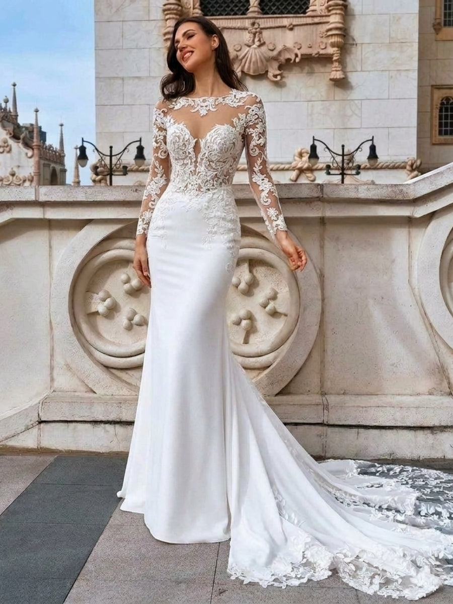 Sheath/Column Scoop Long Sleeves Appliques Lace Cathedral Train Charmeuse Corset Wedding Dress