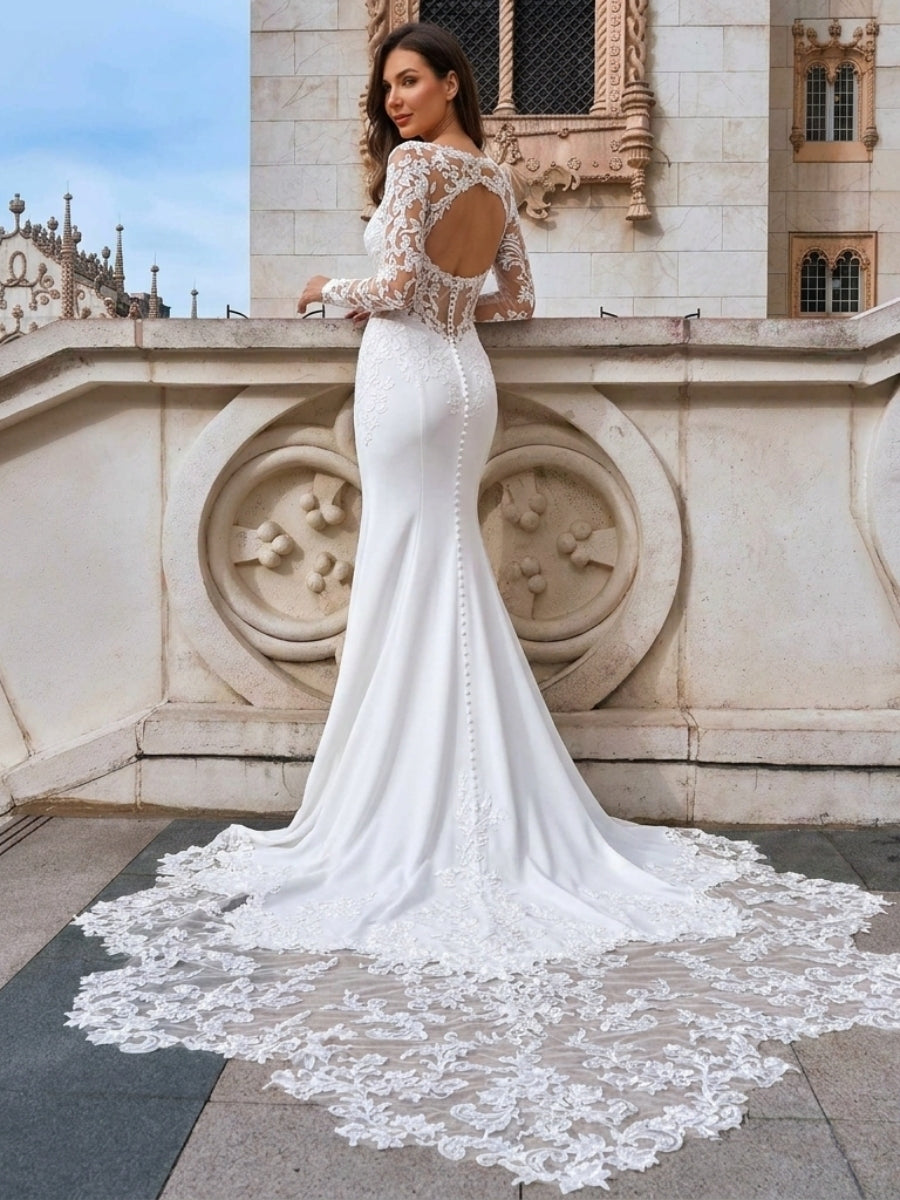 Sheath/Column Scoop Long Sleeves Appliques Lace Cathedral Train Charmeuse Corset Wedding Dress