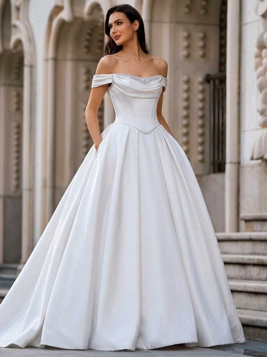 A-line/Princess Off-the-Shoulder Ruffles Court Train Satin Corset Wedding Dress