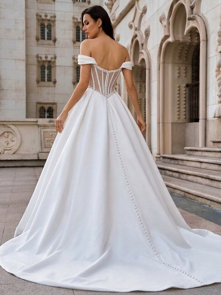 A-line/Princess Off-the-Shoulder Ruffles Court Train Satin Corset Wedding Dress