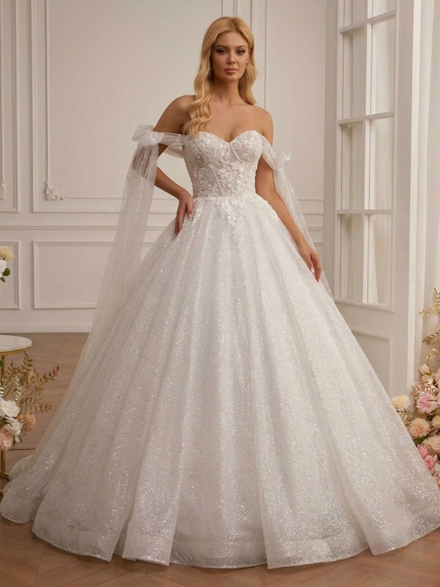 A-line/Princess Off-the-Shoulder Ruffles Court Train Corset Wedding Dress
