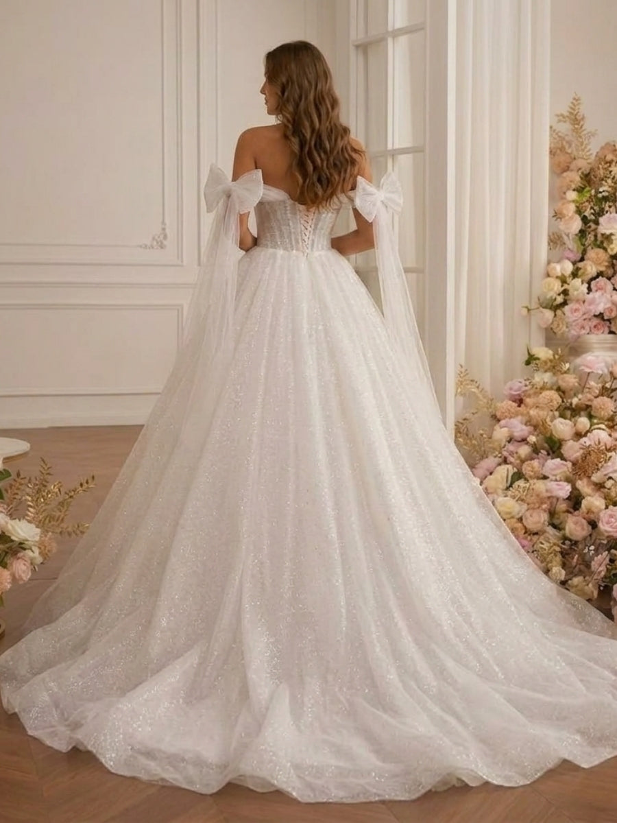 A-line/Princess Off-the-Shoulder Ruffles Court Train Corset Wedding Dress
