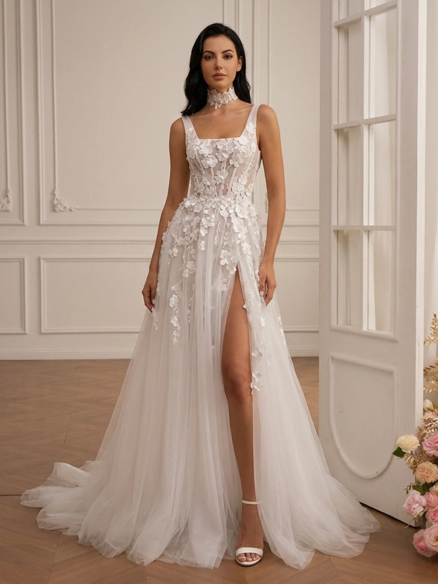 A-line/Princess Square Appliques Lace Cathedral Train Tulle Corset Wedding Dress