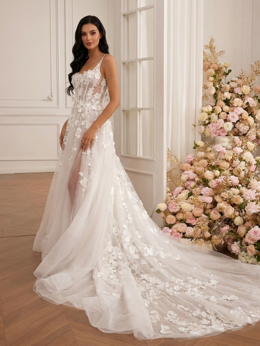A-line/Princess Square Appliques Lace Cathedral Train Tulle Corset Wedding Dress