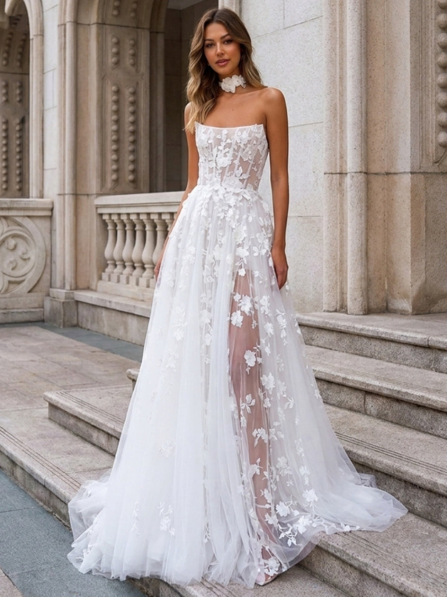A-line/Princess Straight Appliques Lace Cathedral Train Tulle Corset Wedding Dress
