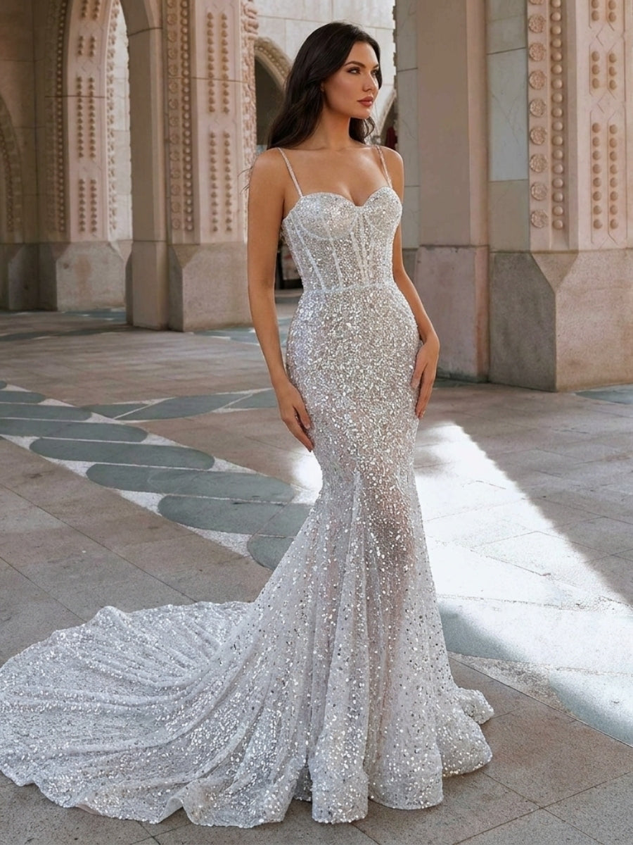 Sheath/Column Sweetheart Ruffles Chapel Train Corset Wedding Dress