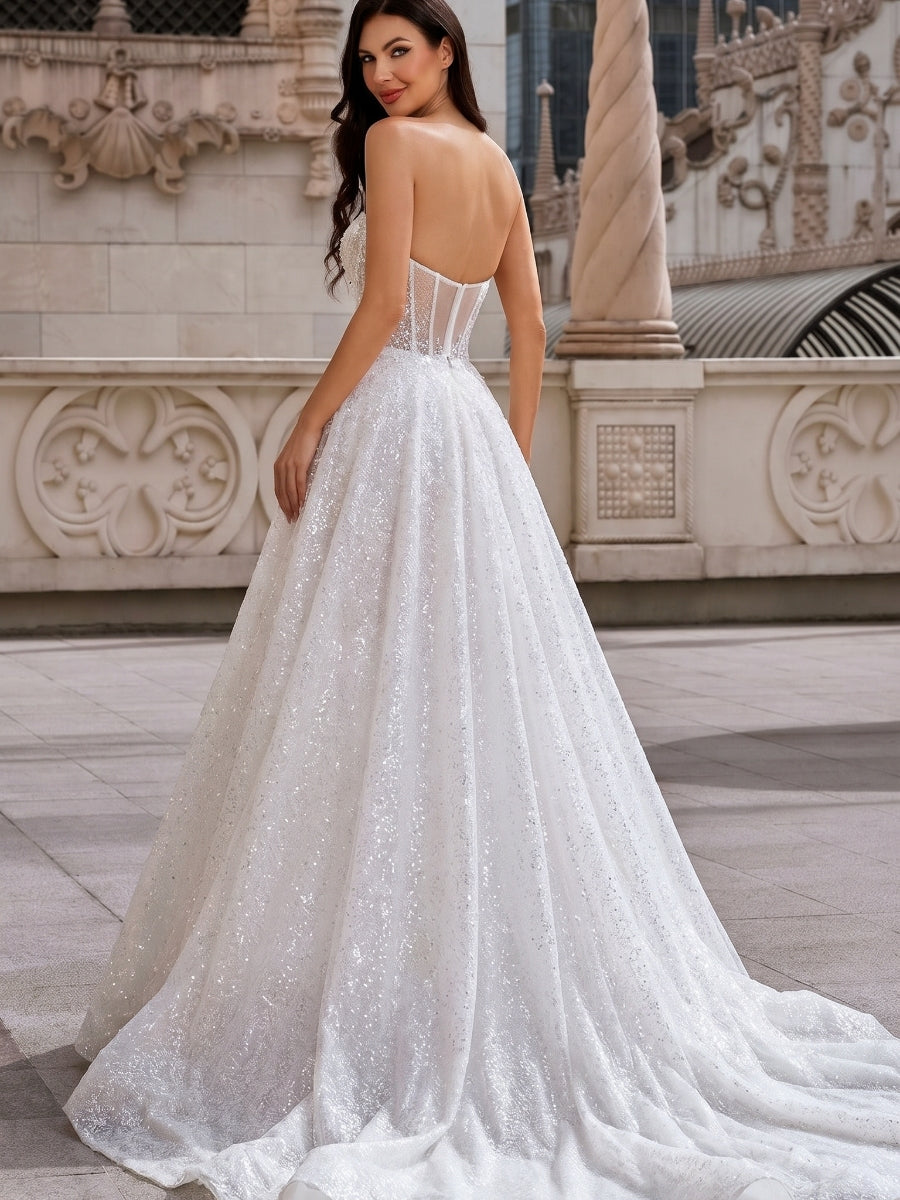 A-line/Princess Sweetheart Ruffles Court Train Lace Corset Wedding Dress