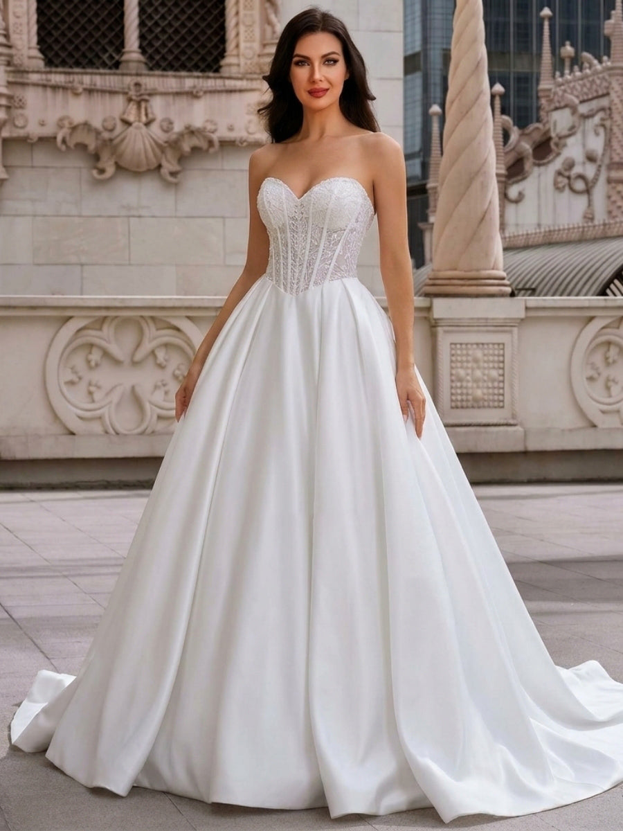 A-line/Princess Sweetheart Ruffles Court Train Satin Corset Wedding Dress