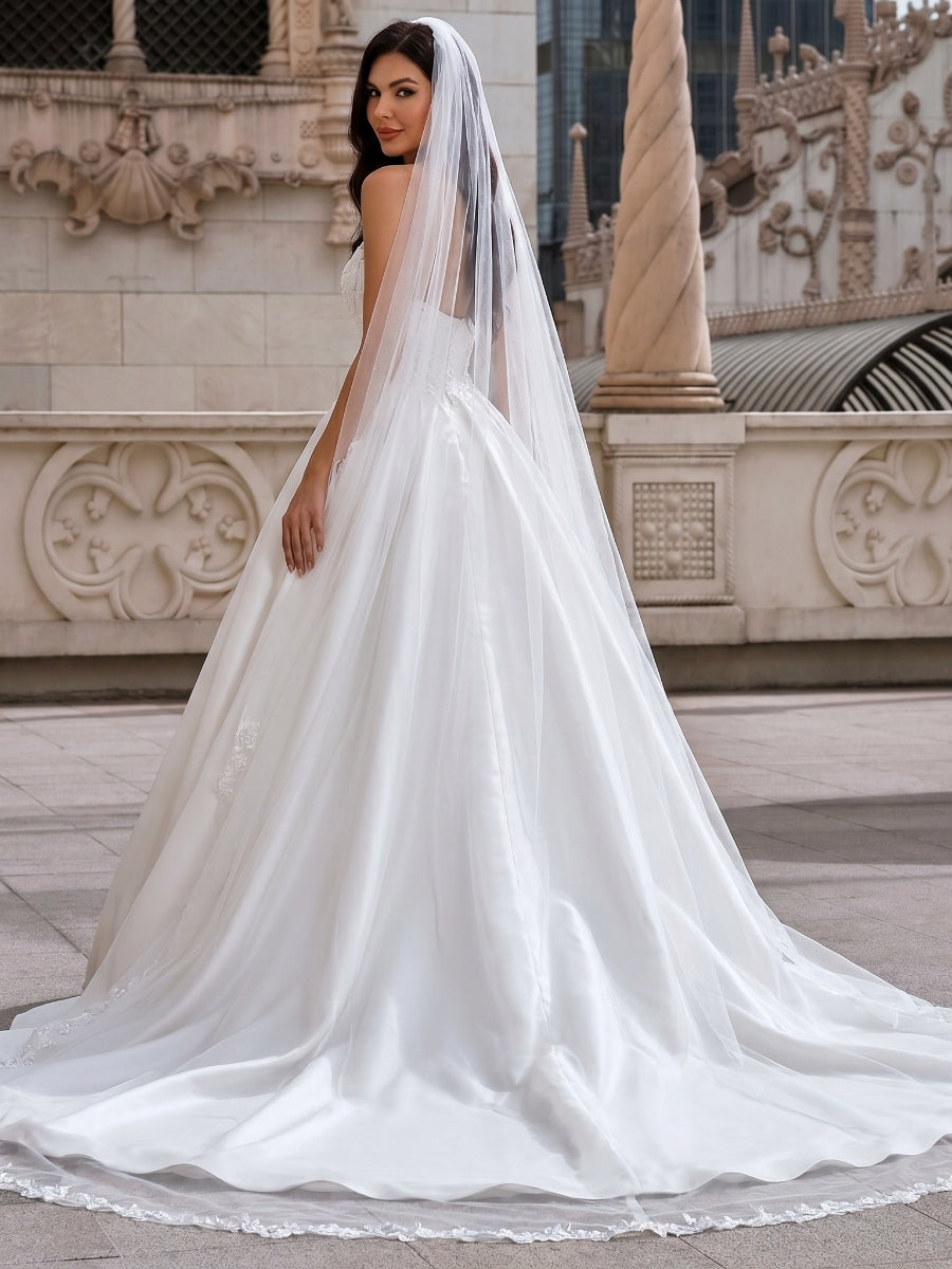 A-line/Princess Sweetheart Ruffles Court Train Satin Corset Wedding Dress