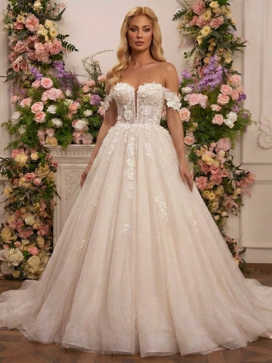 A-line/Princess Off-the-Shoulder Appliques Lace Chapel Train Tulle Corset Wedding Dress