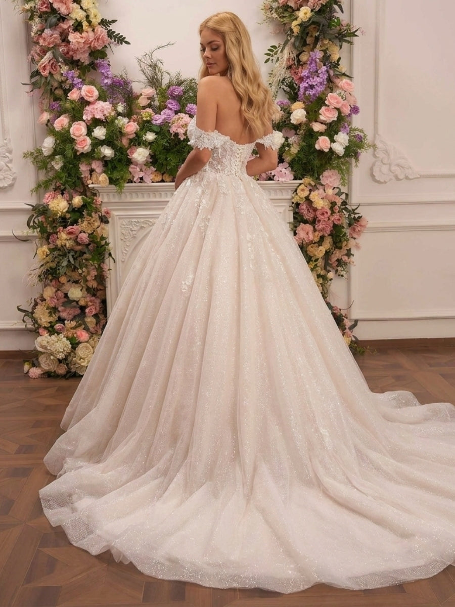 A-line/Princess Off-the-Shoulder Appliques Lace Chapel Train Tulle Corset Wedding Dress