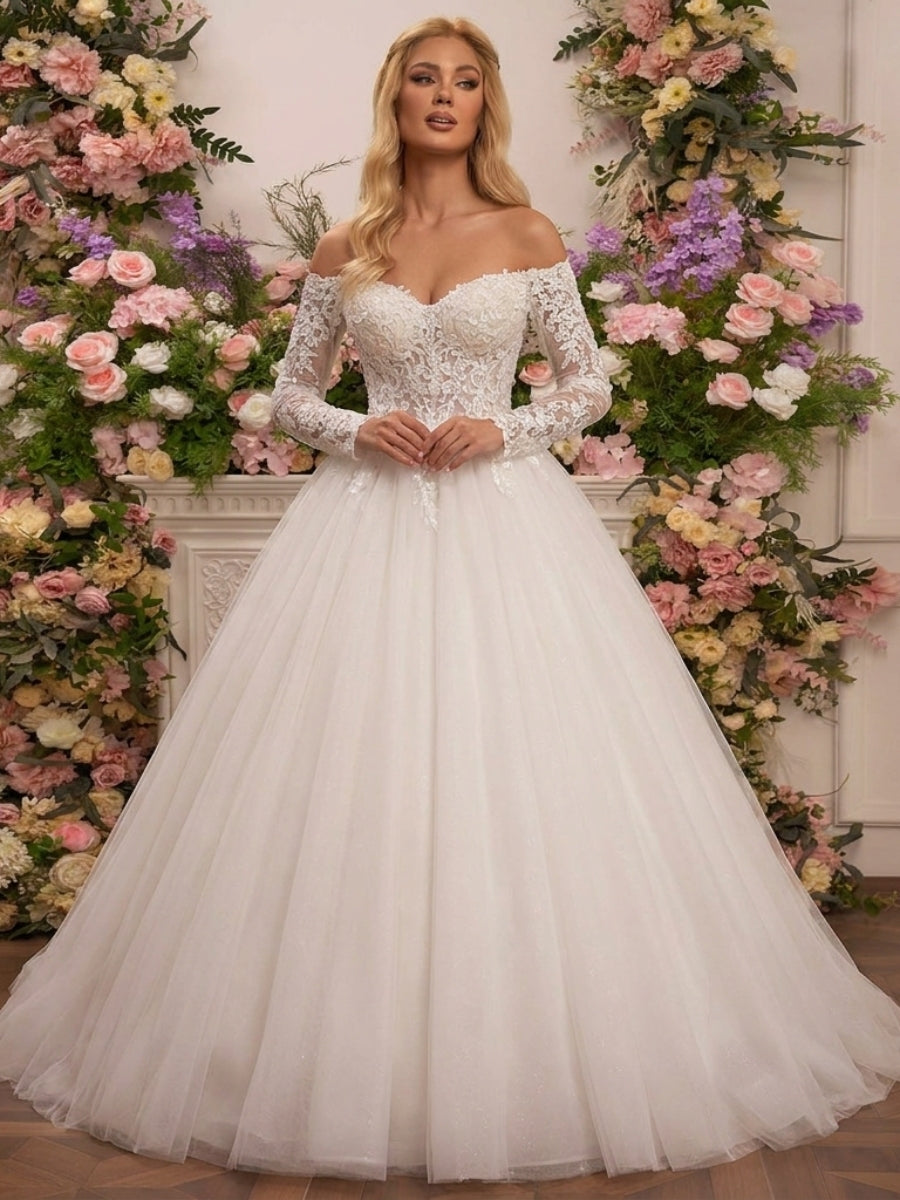 A-line/Princess Sweetheart Long Sleeves Ruffles Court Train Tulle Corset Wedding Dress