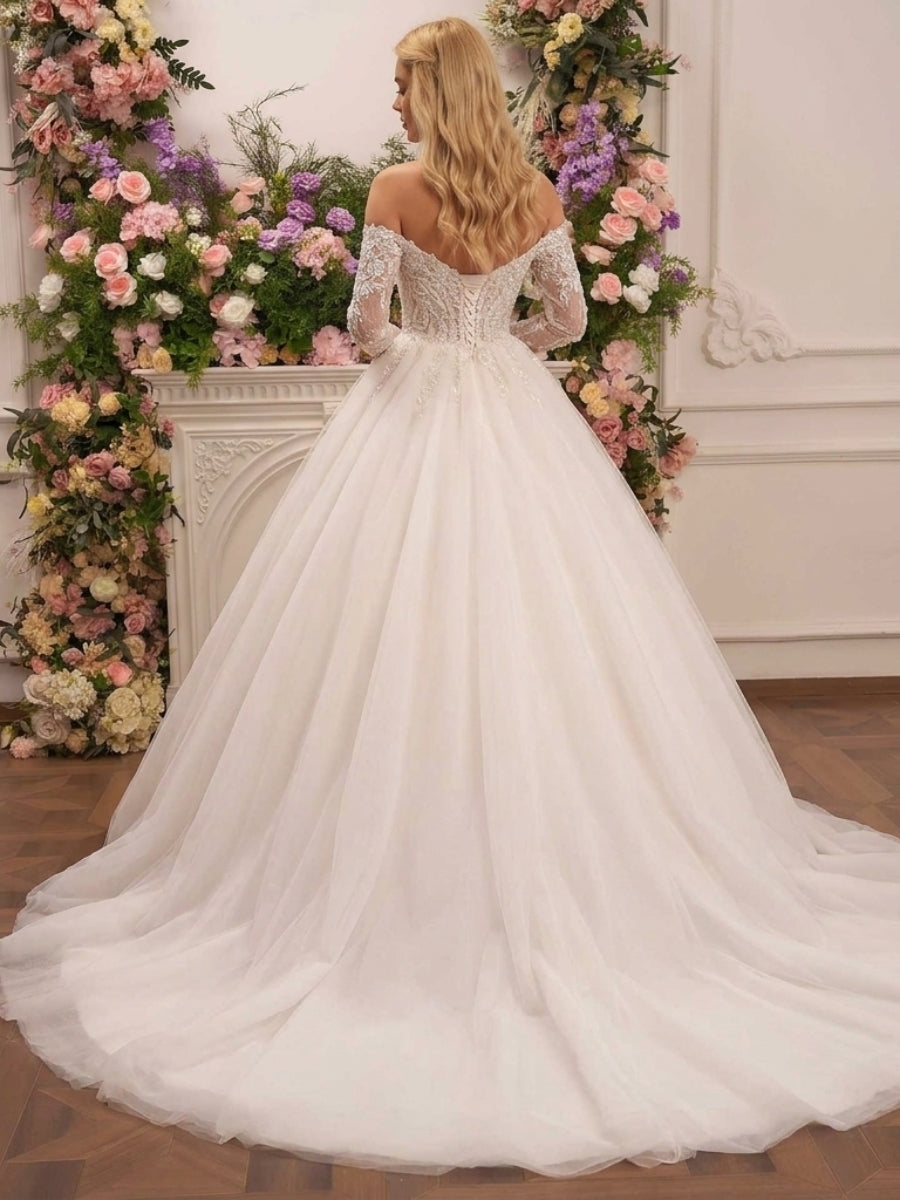 A-line/Princess Sweetheart Long Sleeves Ruffles Court Train Tulle Corset Wedding Dress