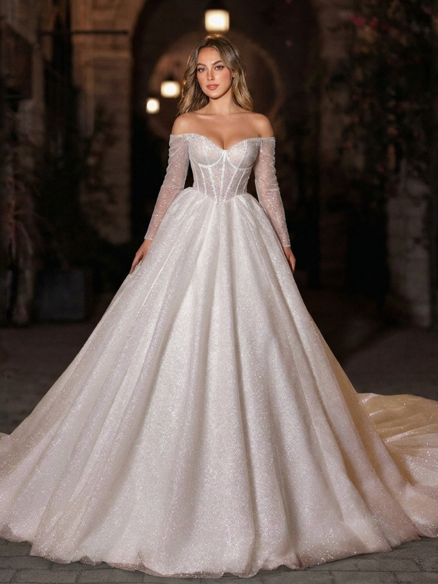 A-line/Princess Sweetheart Long Sleeves Ruffles Cathedral Train Corset Wedding Dress