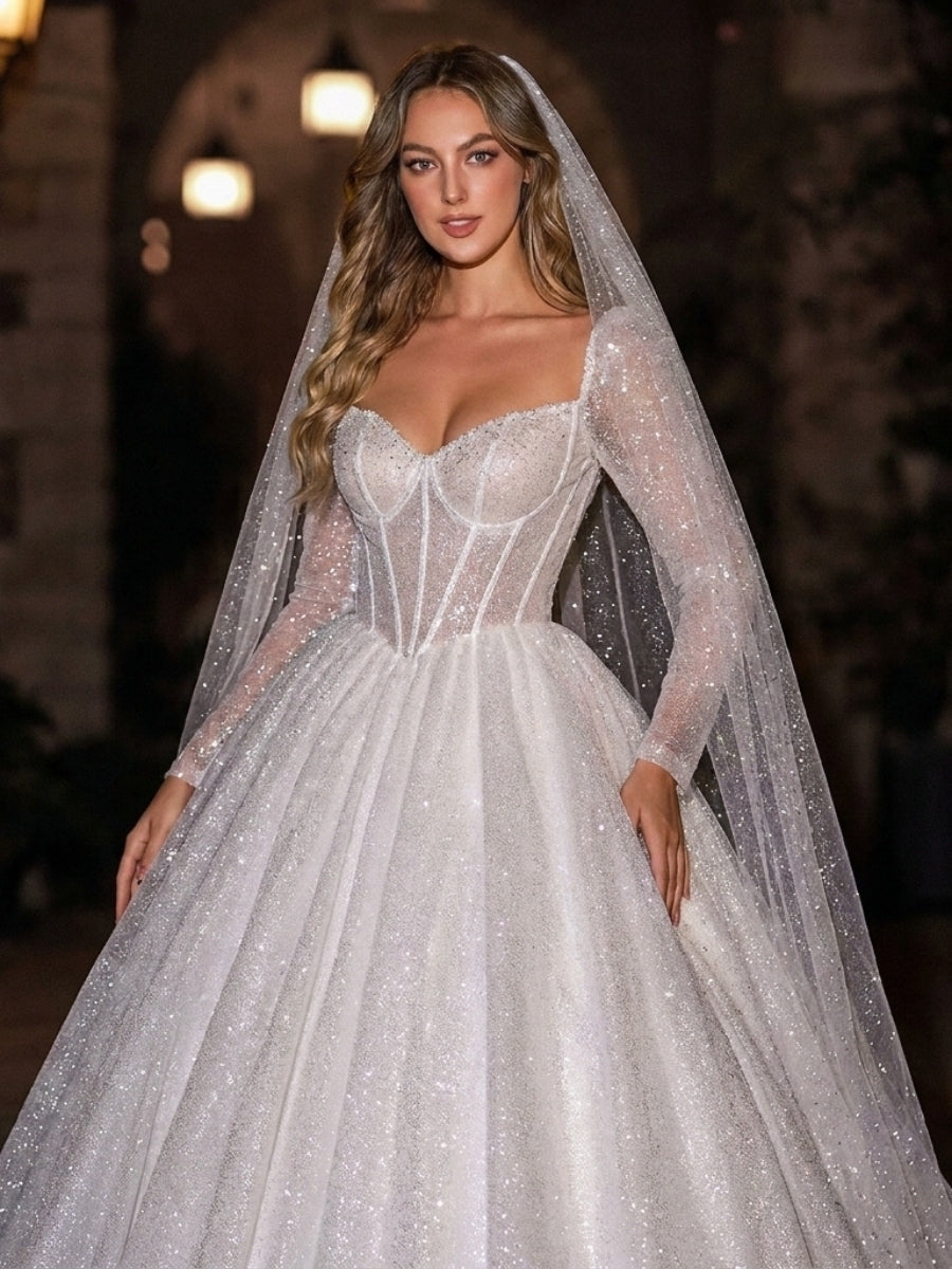 A-line/Princess Sweetheart Long Sleeves Ruffles Cathedral Train Corset Wedding Dress