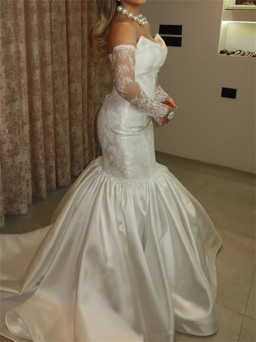 Trumpet/Mermaid Sweetheart Long Sleeves Ruffles Sweep Train Satin Corset Wedding Dress