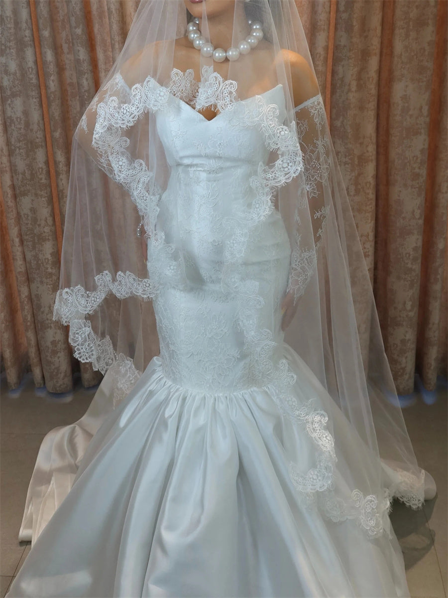 Trumpet/Mermaid Sweetheart Long Sleeves Ruffles Sweep Train Satin Corset Wedding Dress