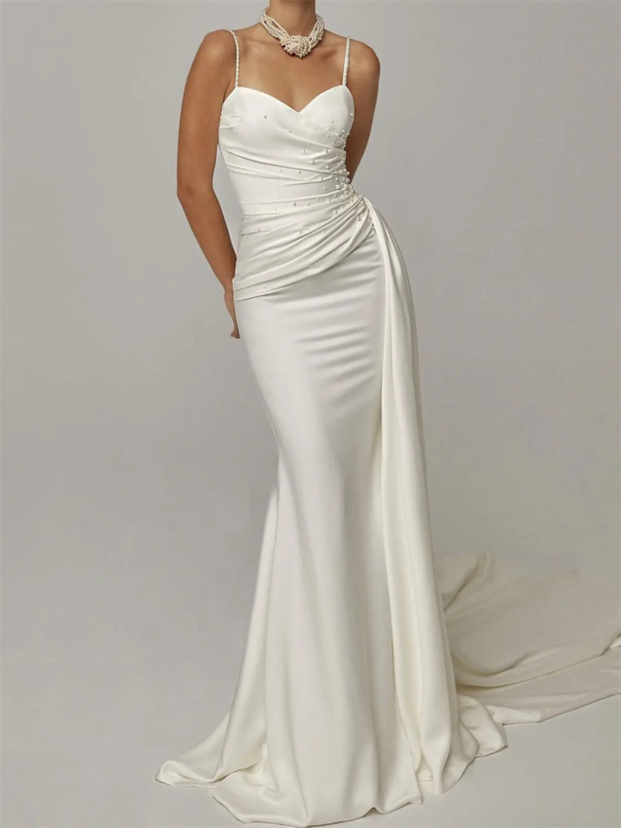Sheath/Column Spaghetti Straps Pleated Cathedral Train Charmeuse Corset Wedding Dress