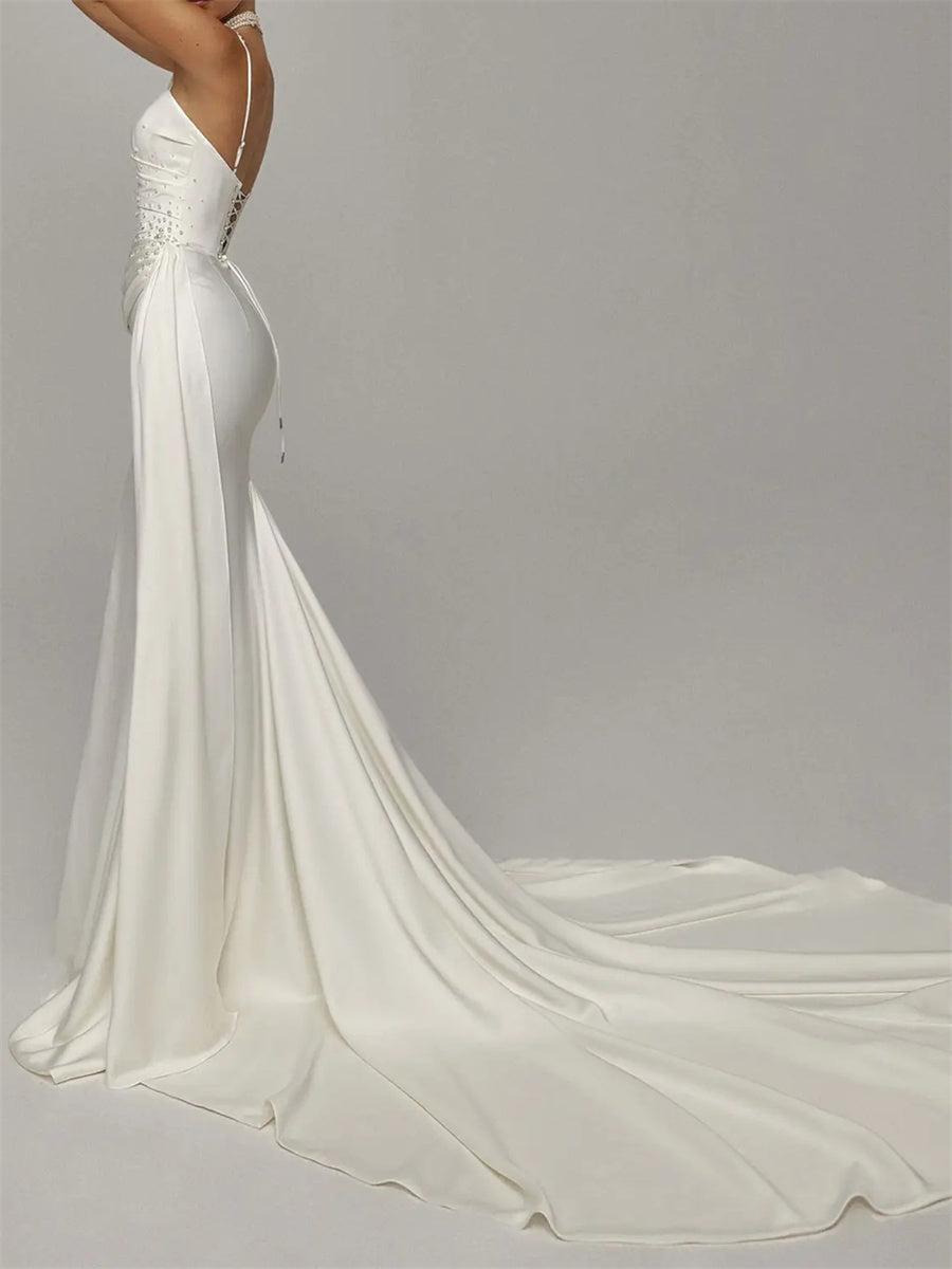 Sheath/Column Spaghetti Straps Pleated Cathedral Train Charmeuse Corset Wedding Dress