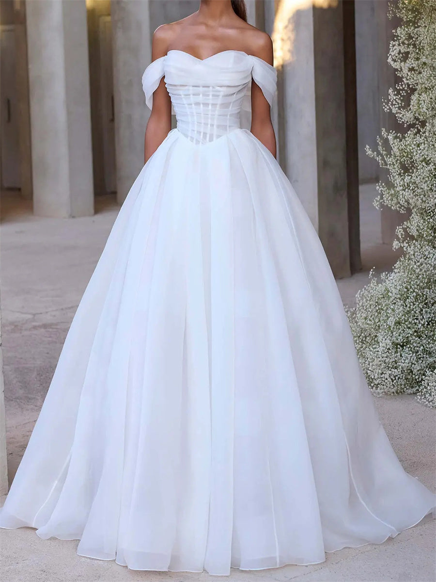 A-line/Princess Off-the-Shoulder Ruffles Court Train Organza Corset Wedding Dress