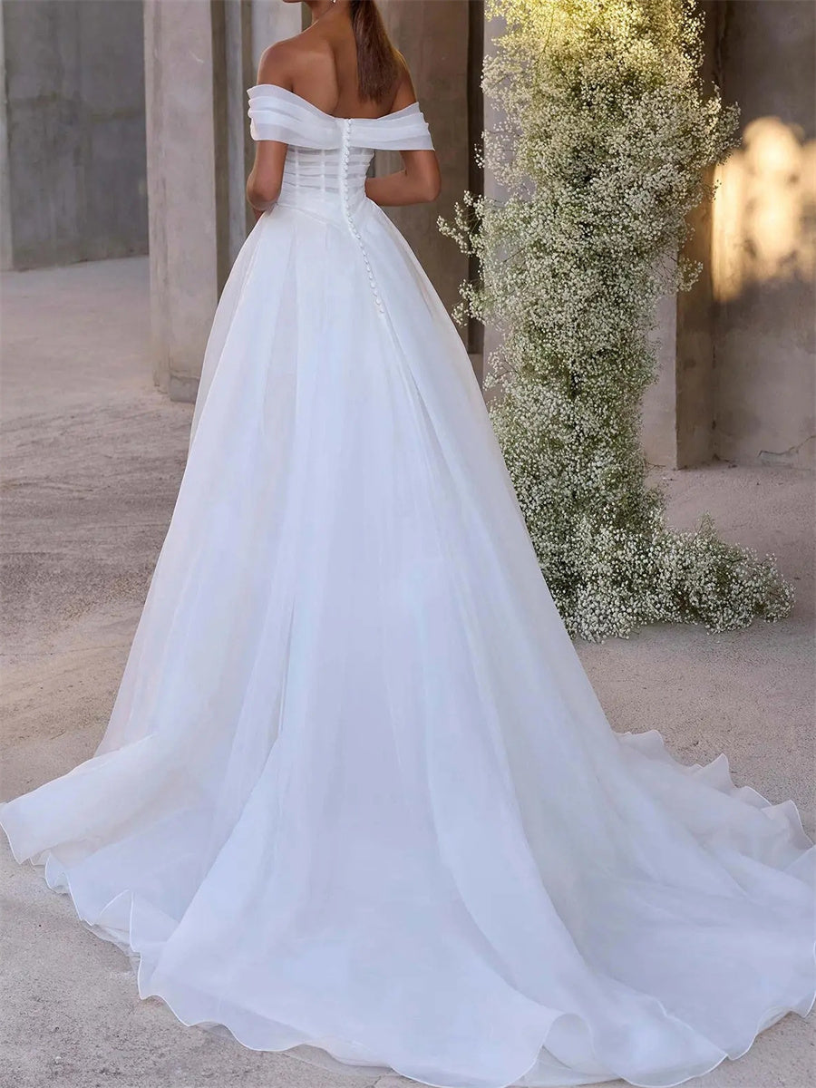 A-line/Princess Off-the-Shoulder Ruffles Court Train Organza Corset Wedding Dress