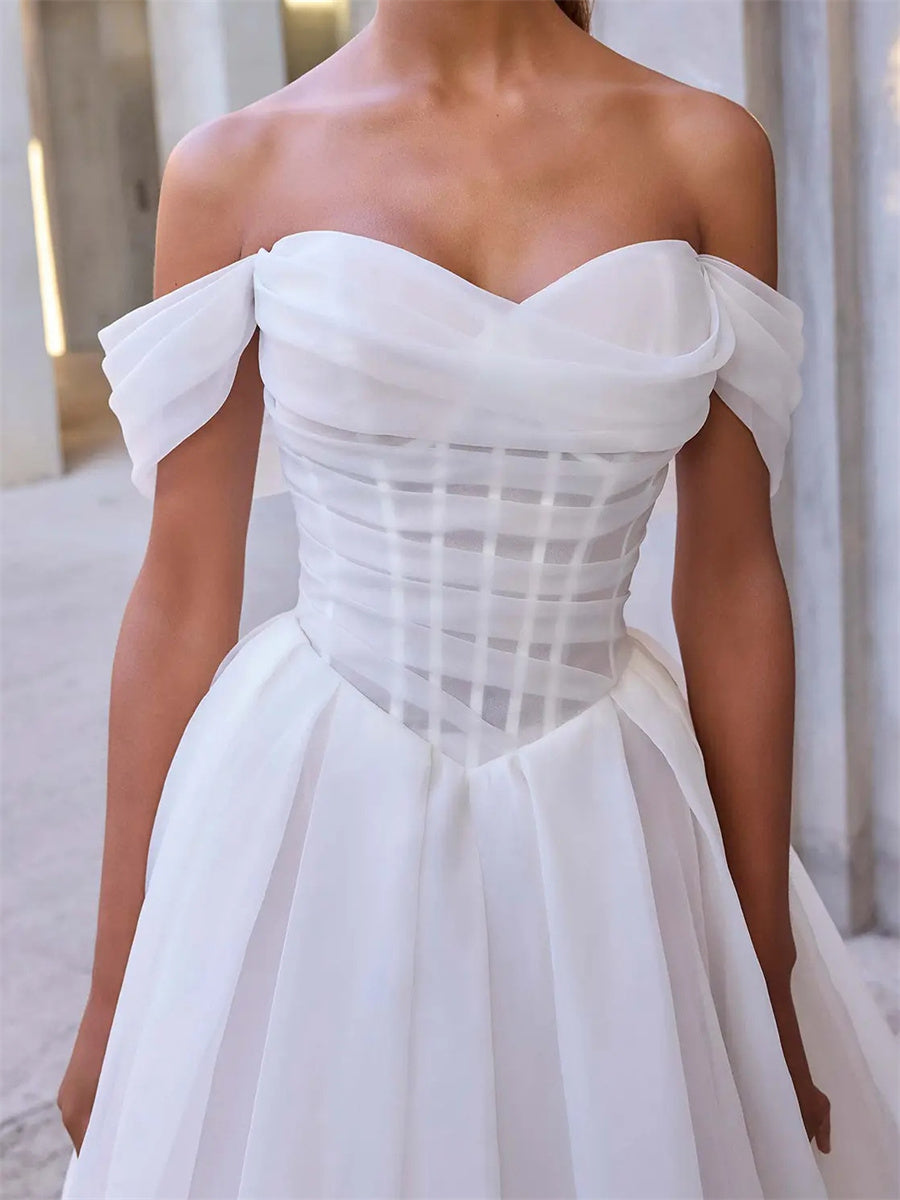 A-line/Princess Off-the-Shoulder Ruffles Court Train Organza Corset Wedding Dress