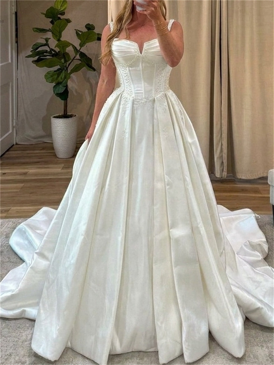 A-line/Princess Square Ruffles Chapel Train Satin Corset Wedding Dress