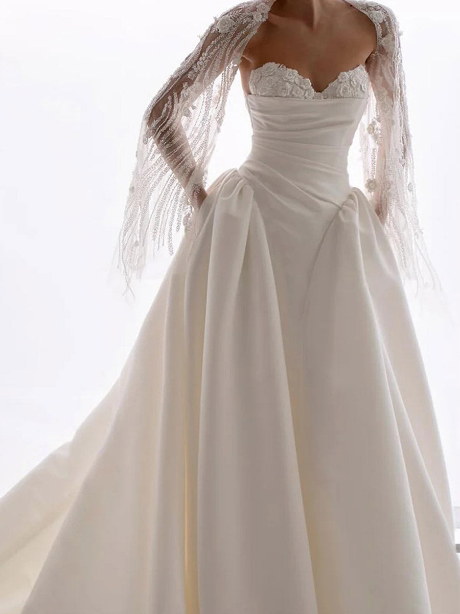 A-line/Princess Sweetheart Pleated Court Train Satin Corset Wedding Dress