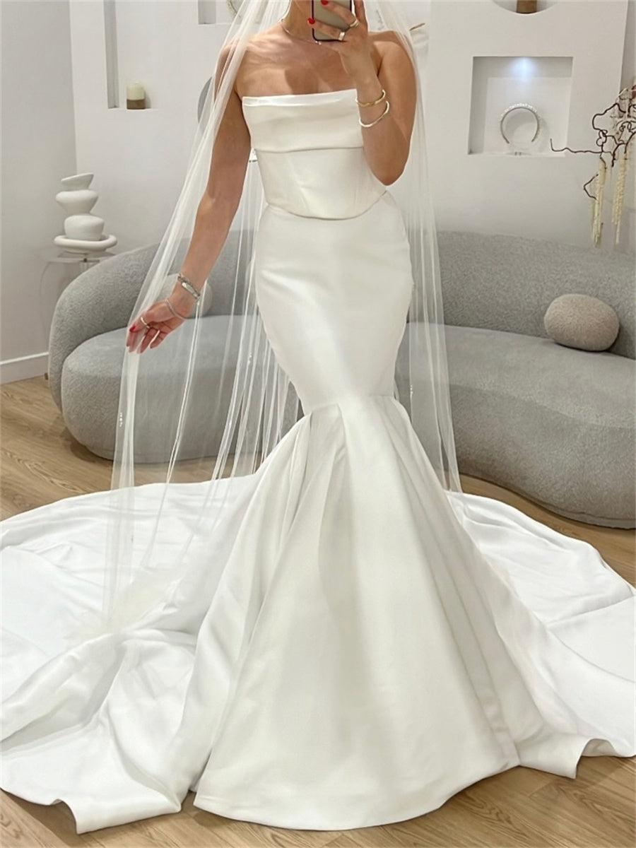 Trumpet/Mermaid Straight Ruffles Cathedral Train Satin Corset Wedding Dress