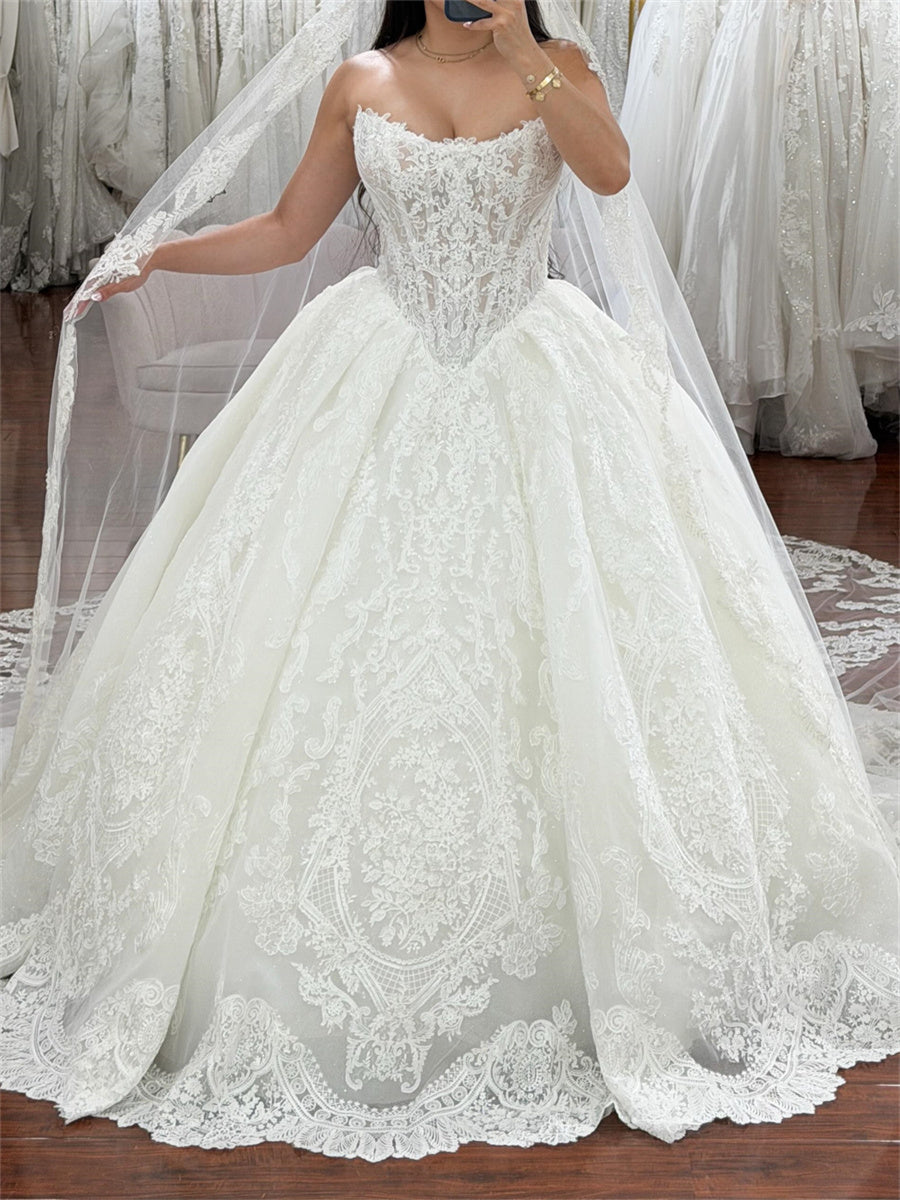 A-line/Princess Straight Ruffles Chapel Train Tulle Corset Wedding Dress