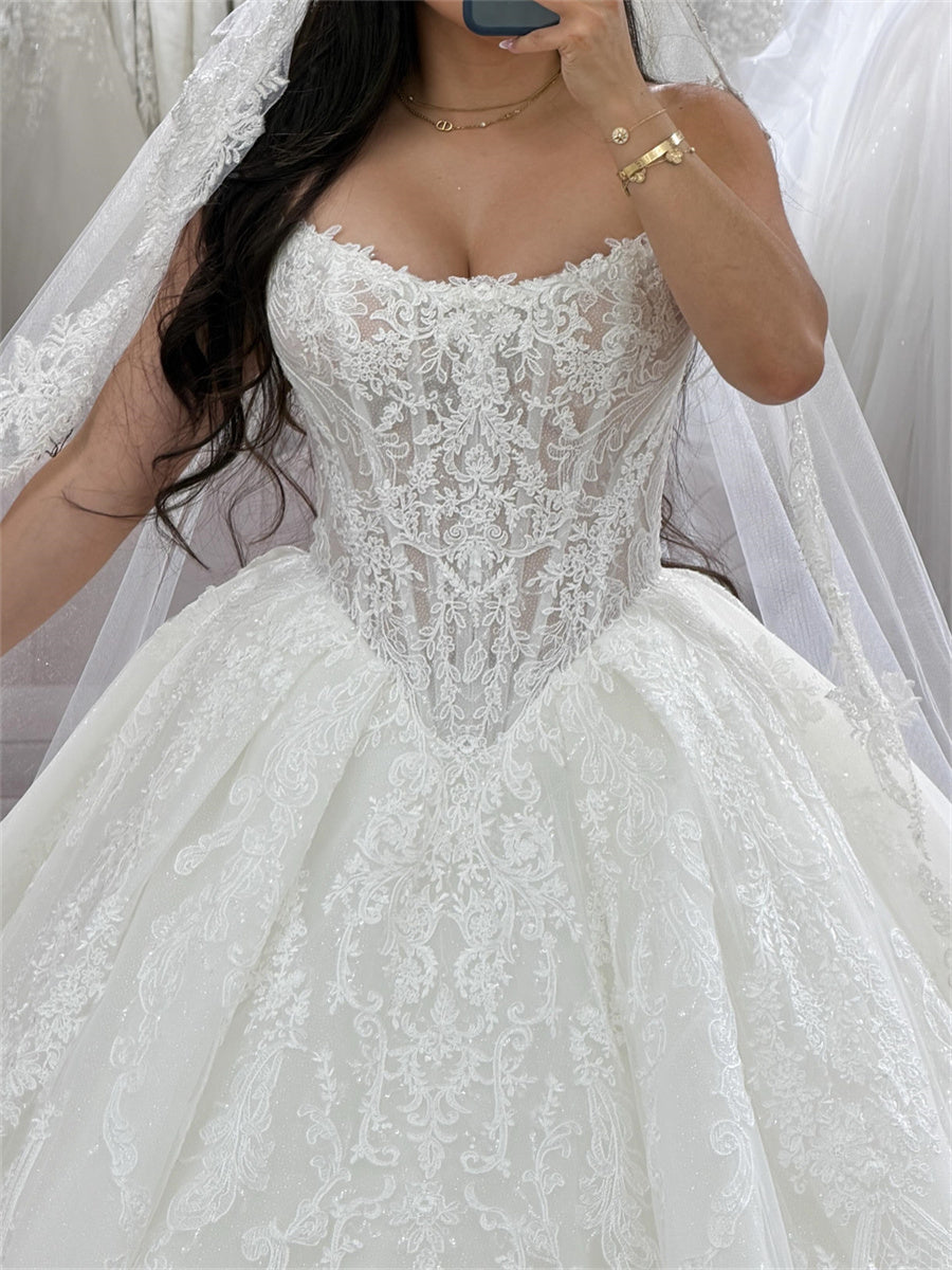 A-line/Princess Straight Ruffles Chapel Train Tulle Corset Wedding Dress