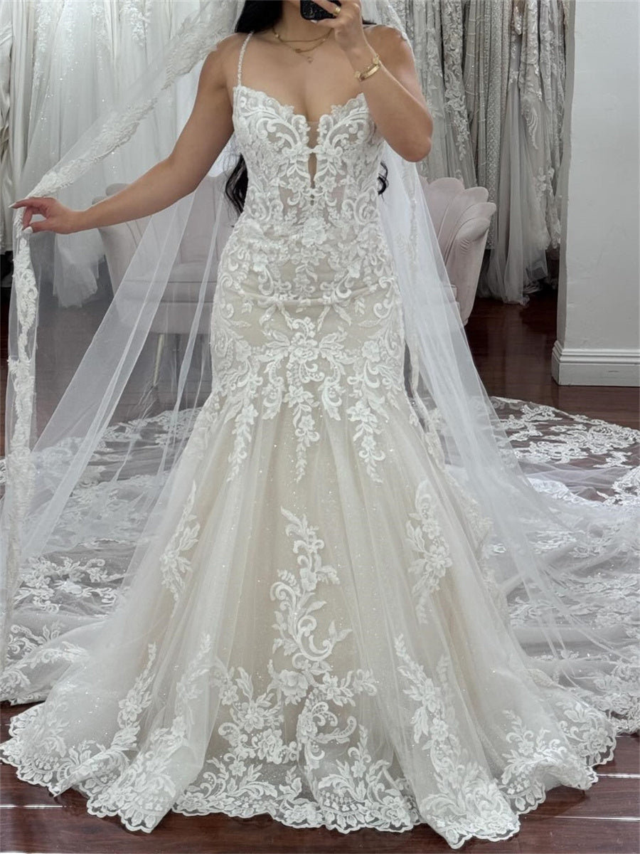 Trumpet/Mermaid Spaghetti Straps Appliques Lace Cathedral Train Tulle Corset Wedding Dress