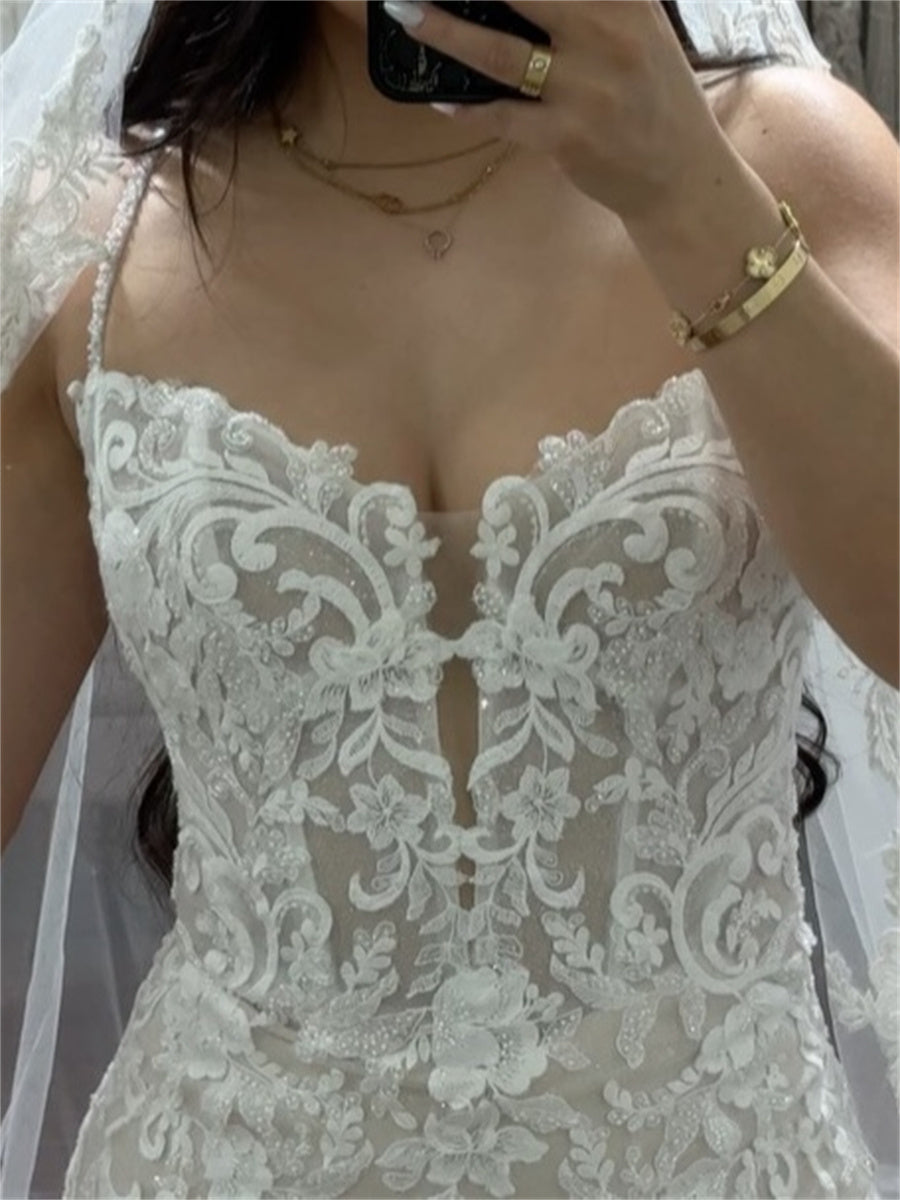 Trumpet/Mermaid Spaghetti Straps Appliques Lace Cathedral Train Tulle Corset Wedding Dress
