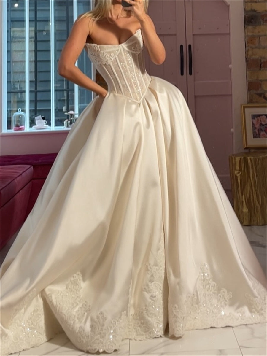 A-line/Princess Straight Ruffles Court Train Satin Corset Wedding Dress