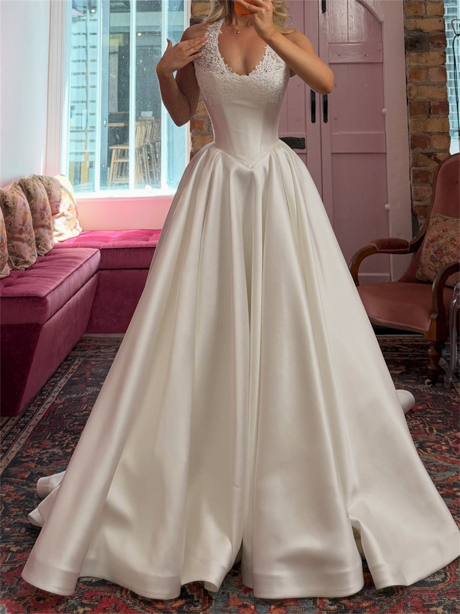 A-line/Princess Halter Ruffles Court Train Satin Corset Wedding Dress