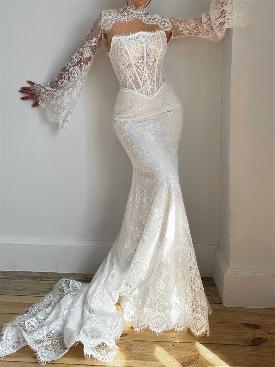 Sheath/Column High Neck Long Sleeves Appliques Lace Chapel Train Lace Corset Wedding Dress