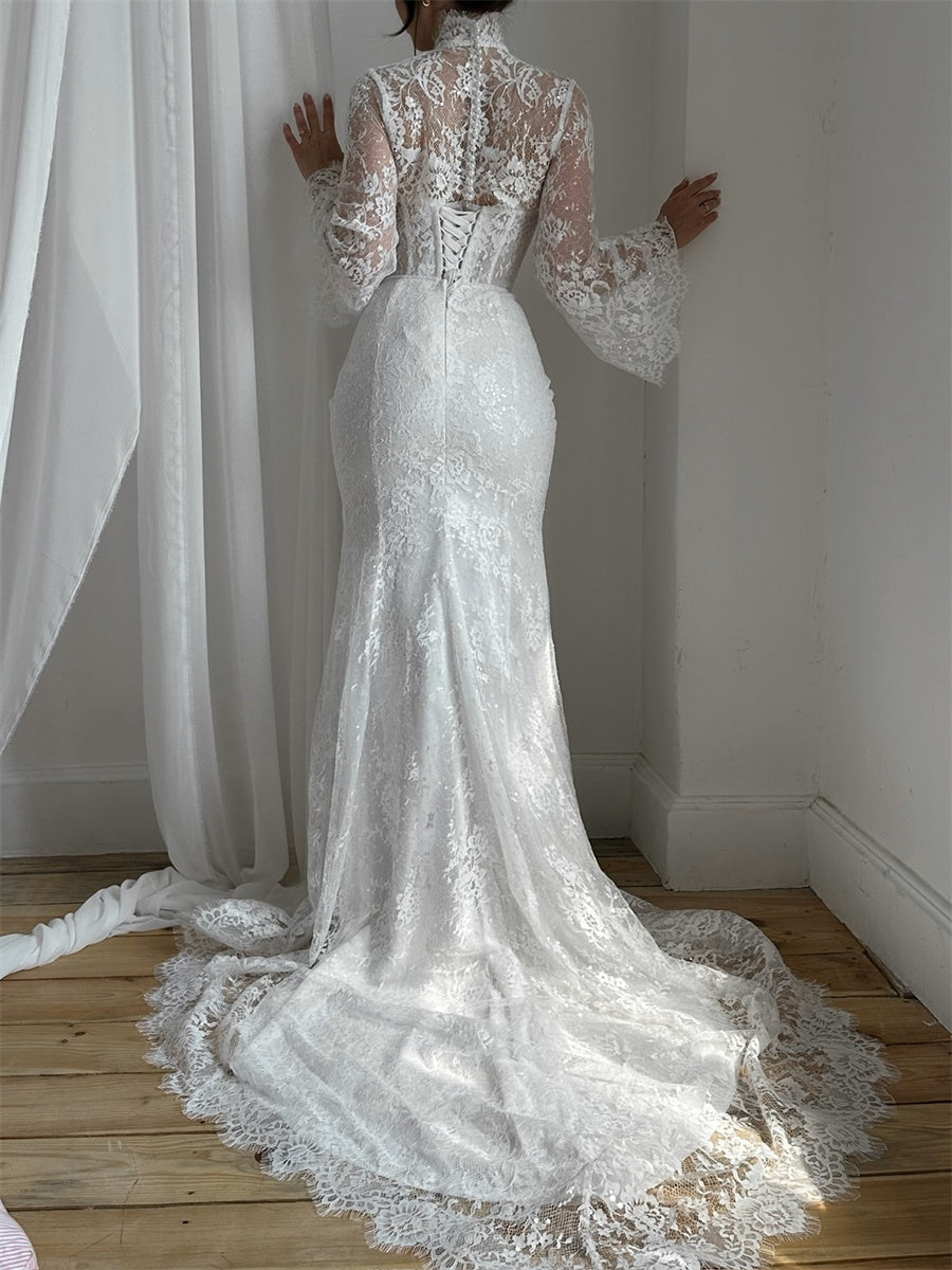 Sheath/Column High Neck Long Sleeves Appliques Lace Chapel Train Lace Corset Wedding Dress