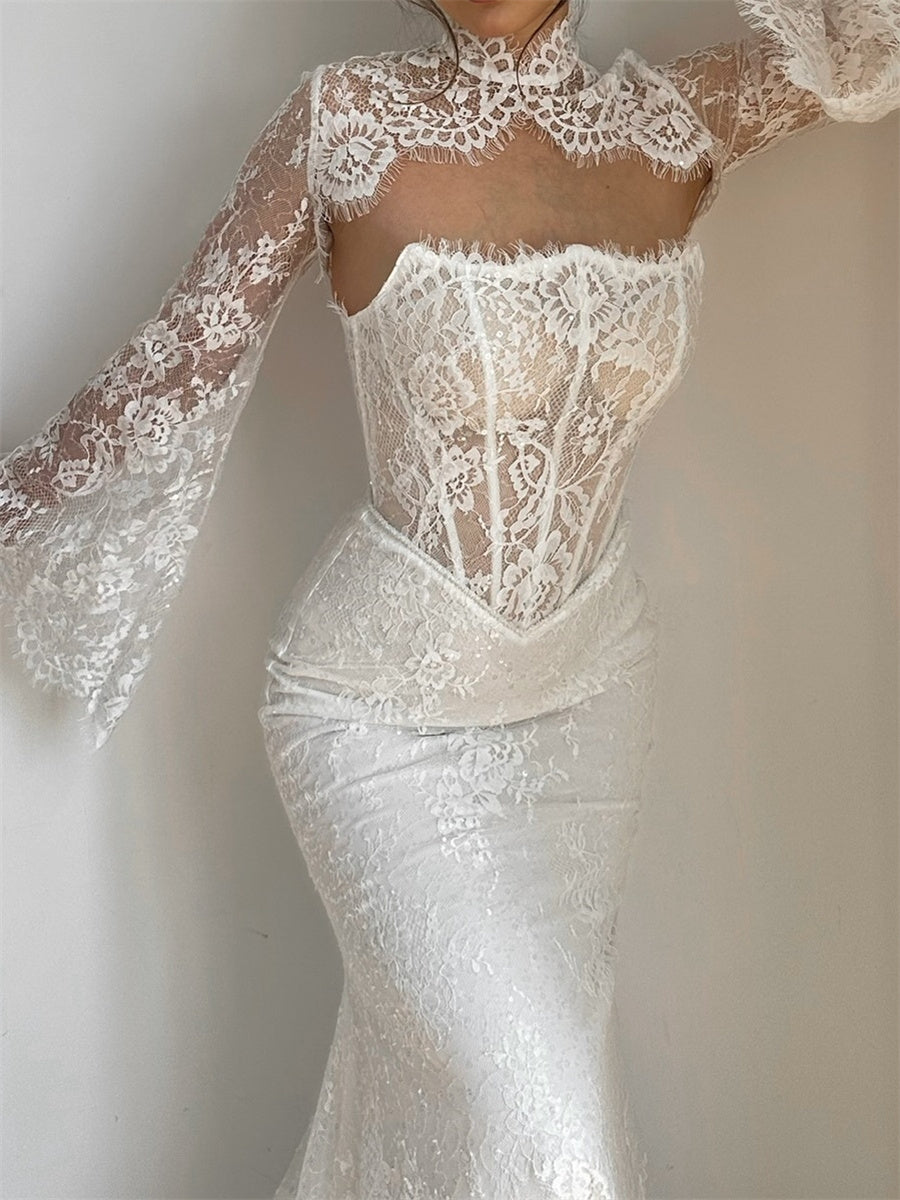 Sheath/Column High Neck Long Sleeves Appliques Lace Chapel Train Lace Corset Wedding Dress
