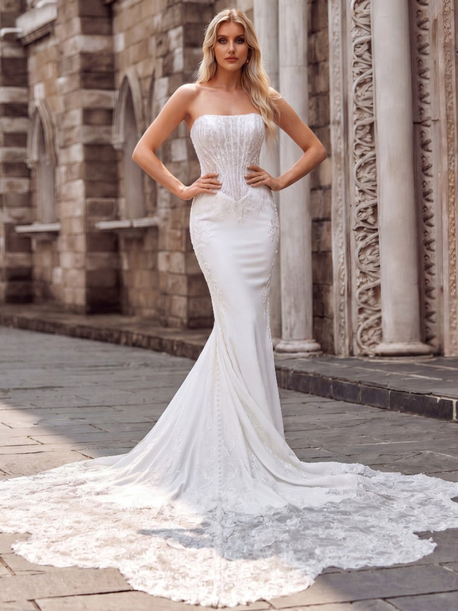 Sheath/Column Straight Appliques Lace Cathedral Train Stretch Crepe Corset Wedding Dress